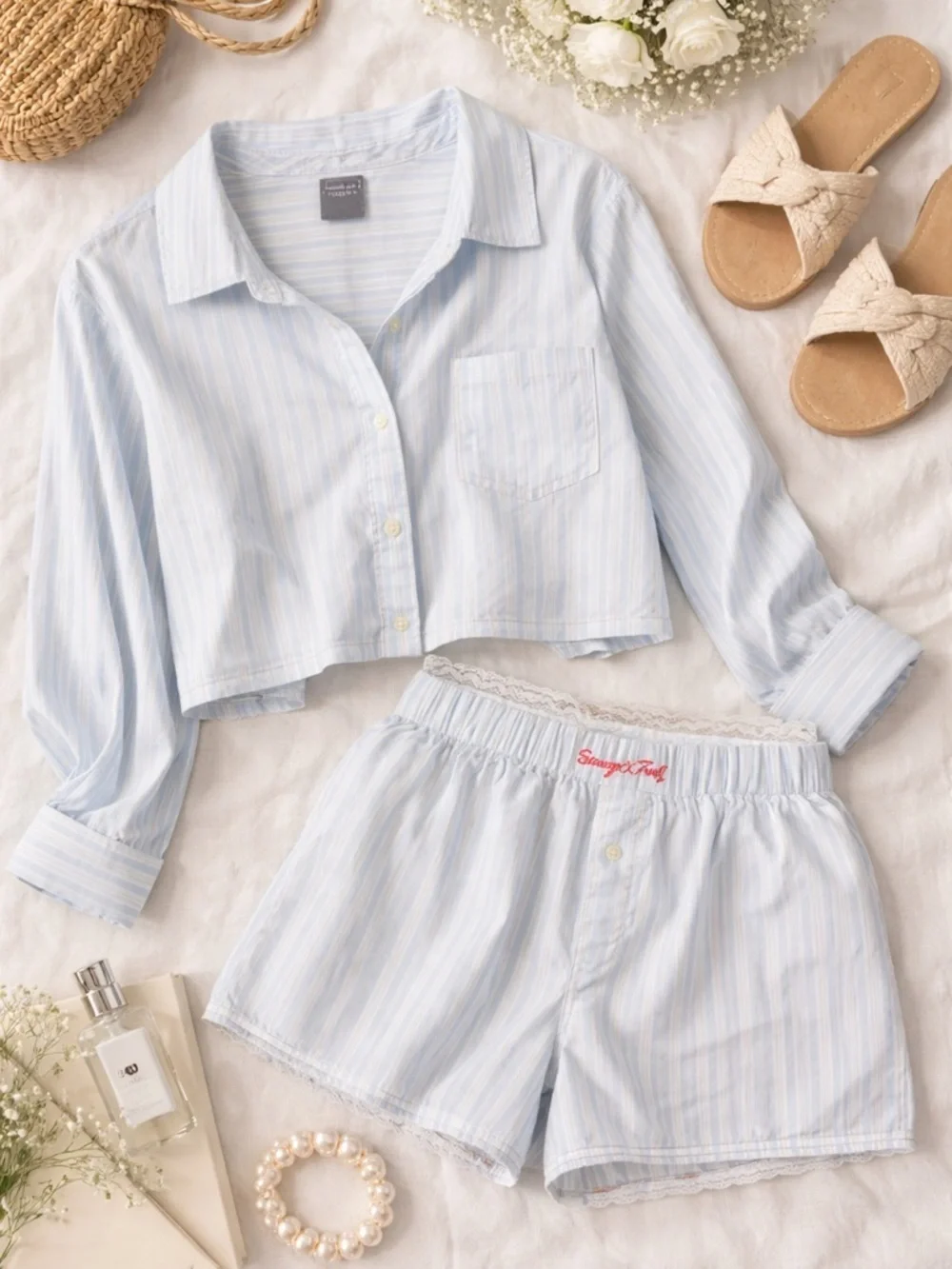 Savage X Fenty | Blue Stripe Pajama Set | Lace Trim Button Top & Shorts | Size M